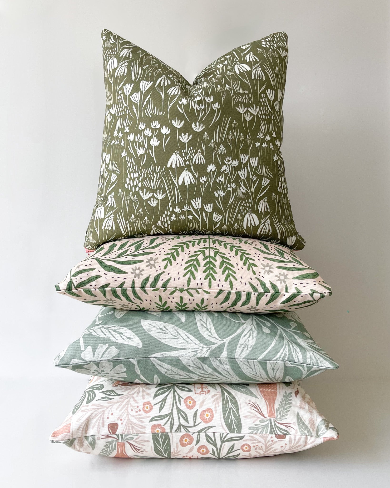 Botanical Green Cushion with Cream Wildflower Pattern Handcrafted Cu