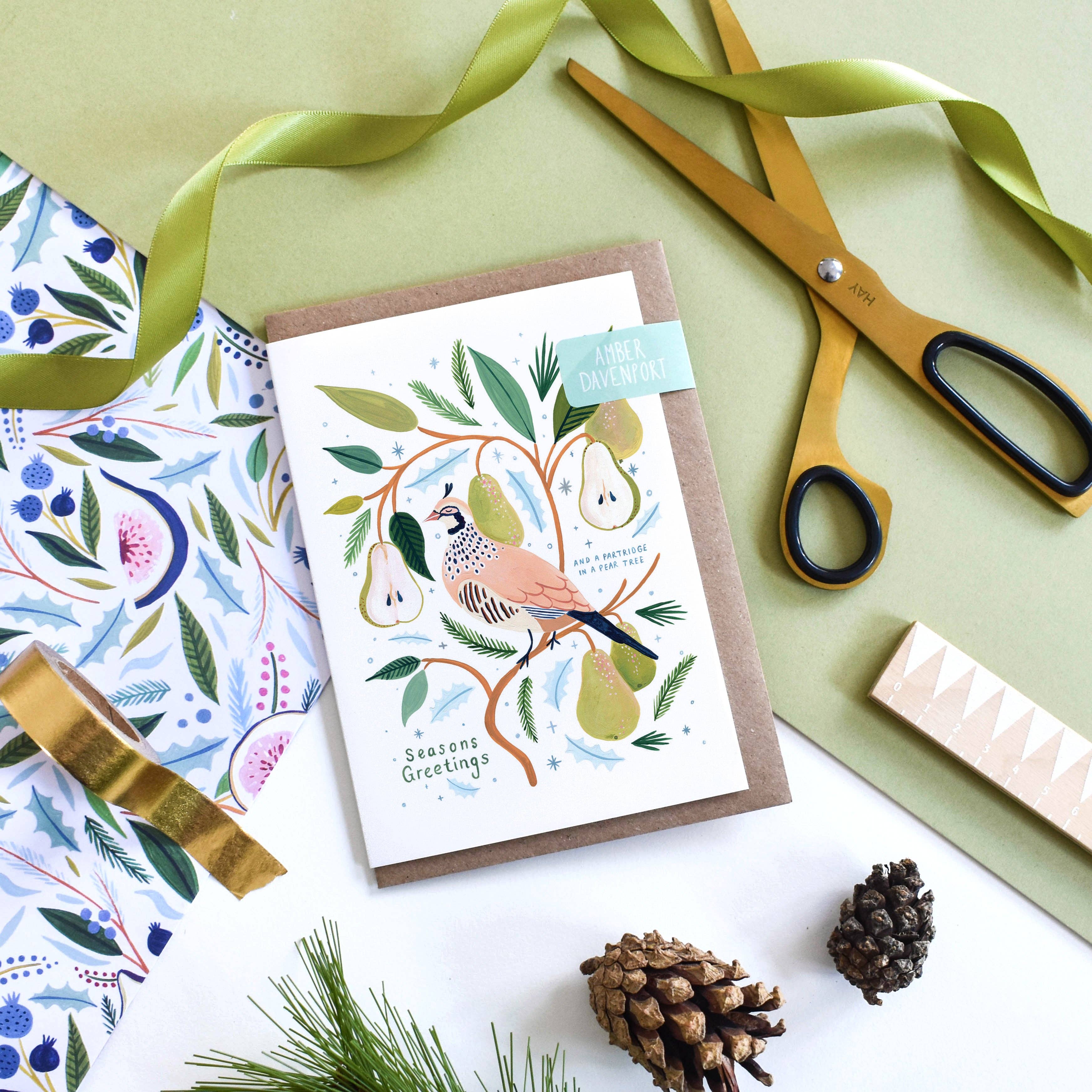 Illustrated Partridge in a Pear Tree Christmas Card by Amber Davenport