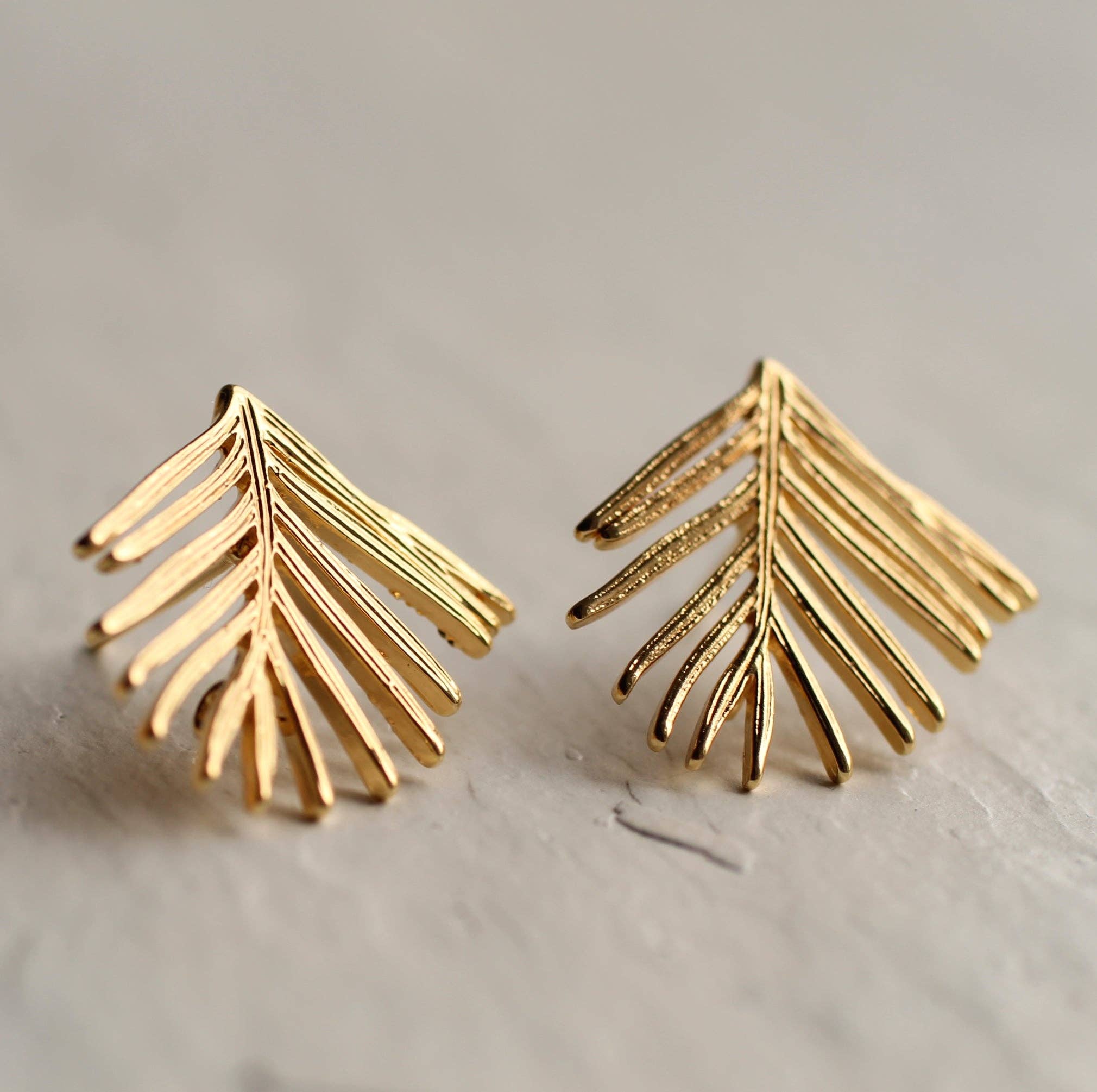 Handmade Evergreen Leaf Stud Earrings | Gold Plated Fir | Textured Finish