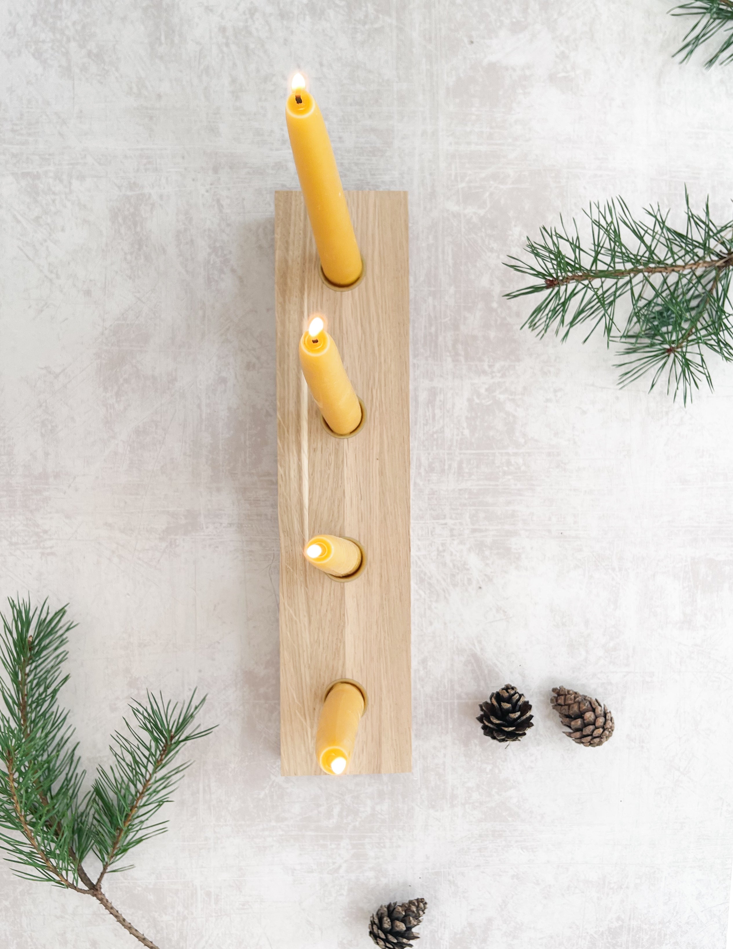 Christmas Oak Advent Candle Holder with Four Beeswax Candles