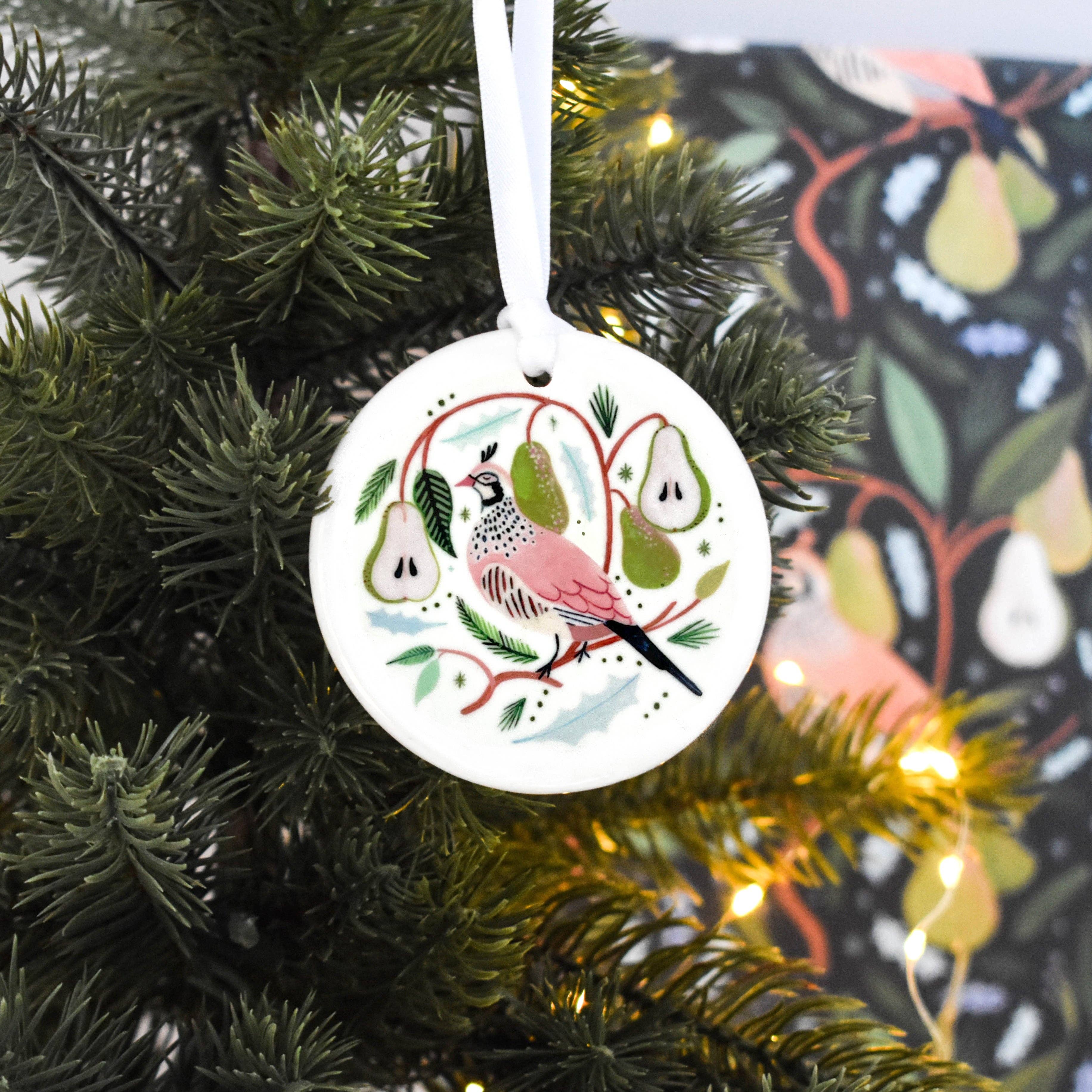 Handprinted Partridge in a Pear Tree Ceramic Ornament by Amber Davenport