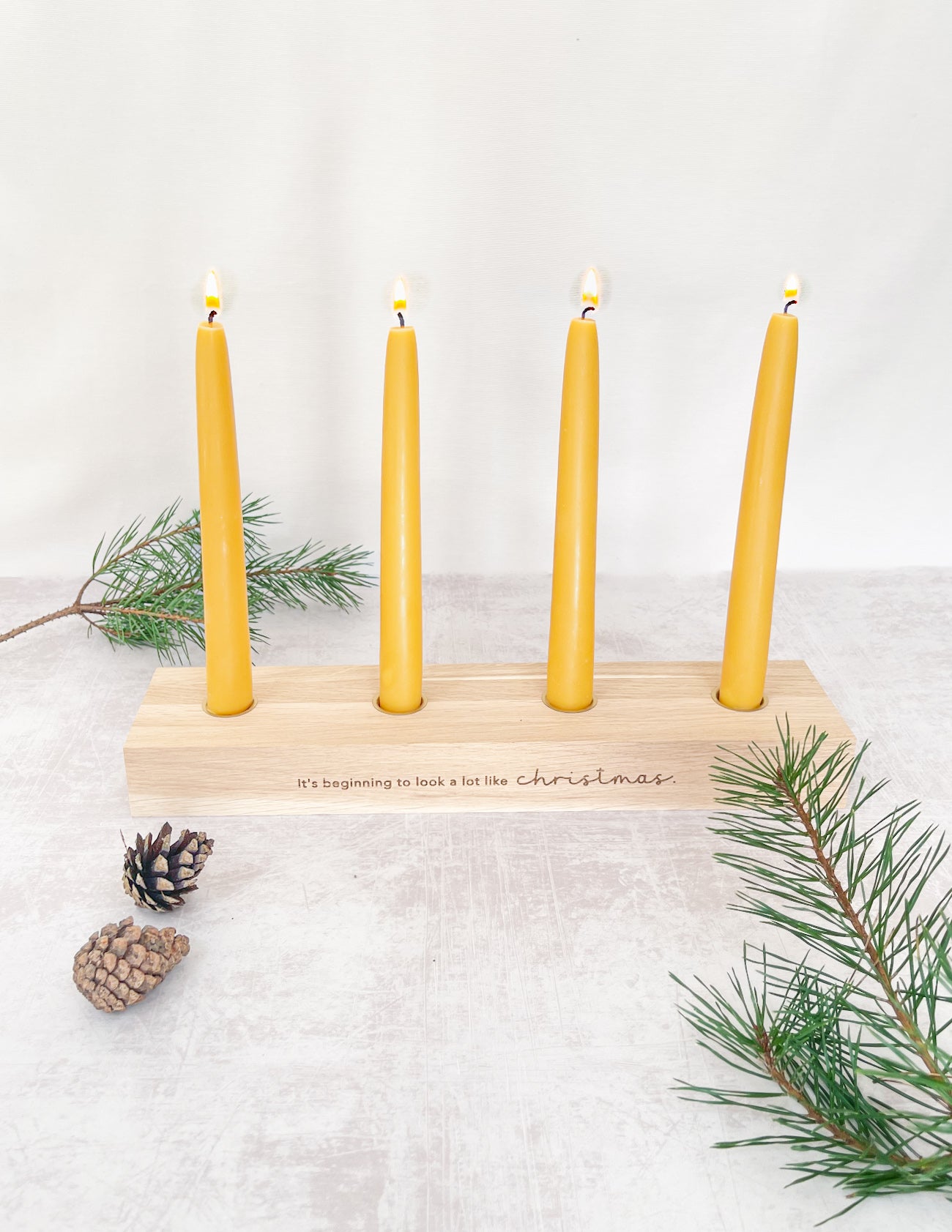 Christmas Oak Advent Candle Holder with Four Beeswax Candles