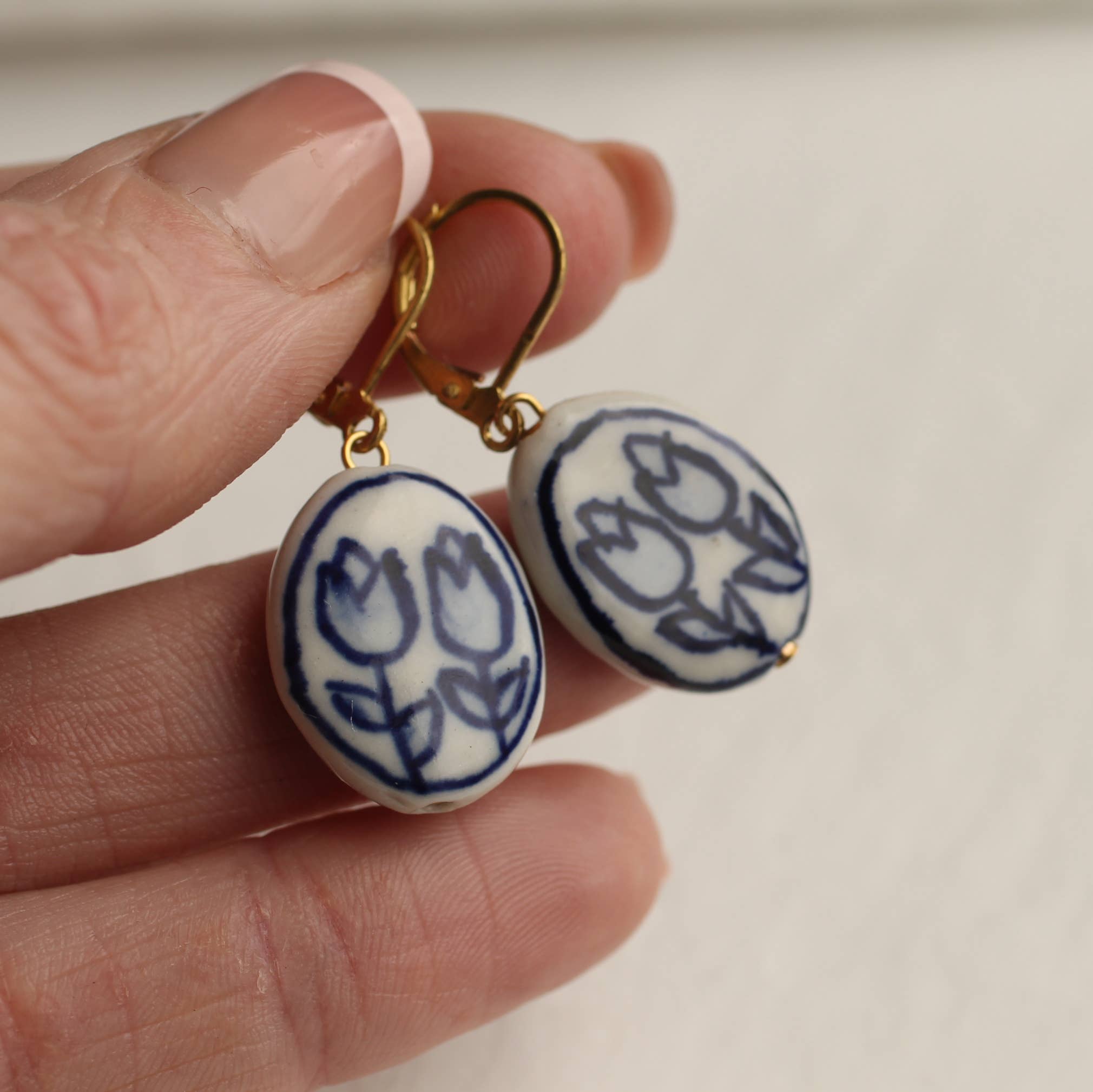 Oval Blue Tulip Earrings | Porcelain | Inspired by Nature