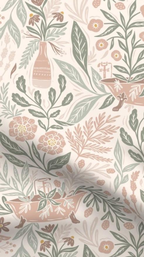 Bathtub Botanical fabric designed by Kristen from Written by Kristen, featuring whimsical bathtubs and rustic vases filled with foliage, in earthy tones of sage, pink, and cream, ideal for eco-friendly home decor cushions and lampshades.