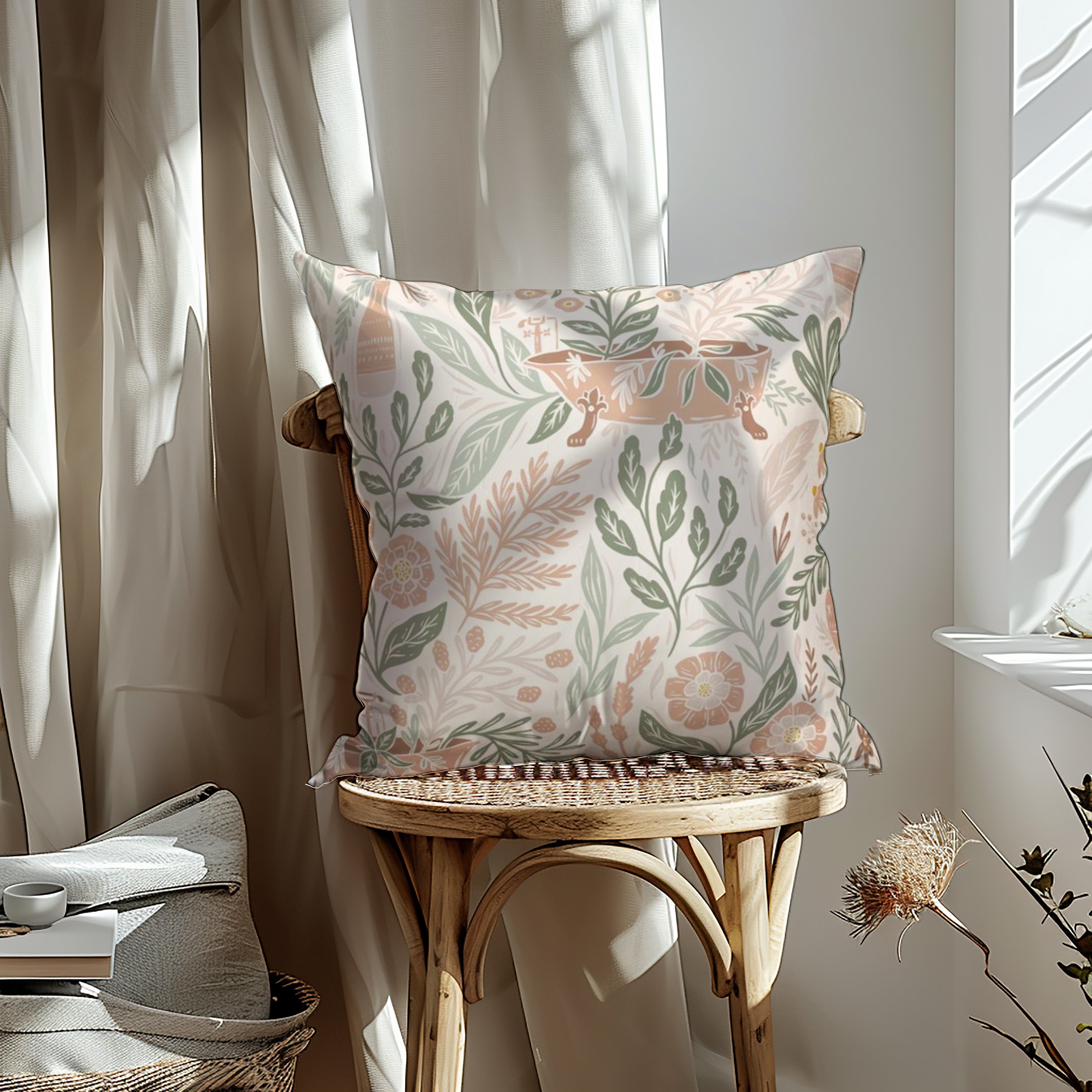 Bathtub Botanical fabric designed by Kristen from Written by Kristen, featuring whimsical bathtubs and rustic vases filled with foliage, in earthy tones of sage, pink, and cream, ideal for eco-friendly home decor cushions and lampshades.