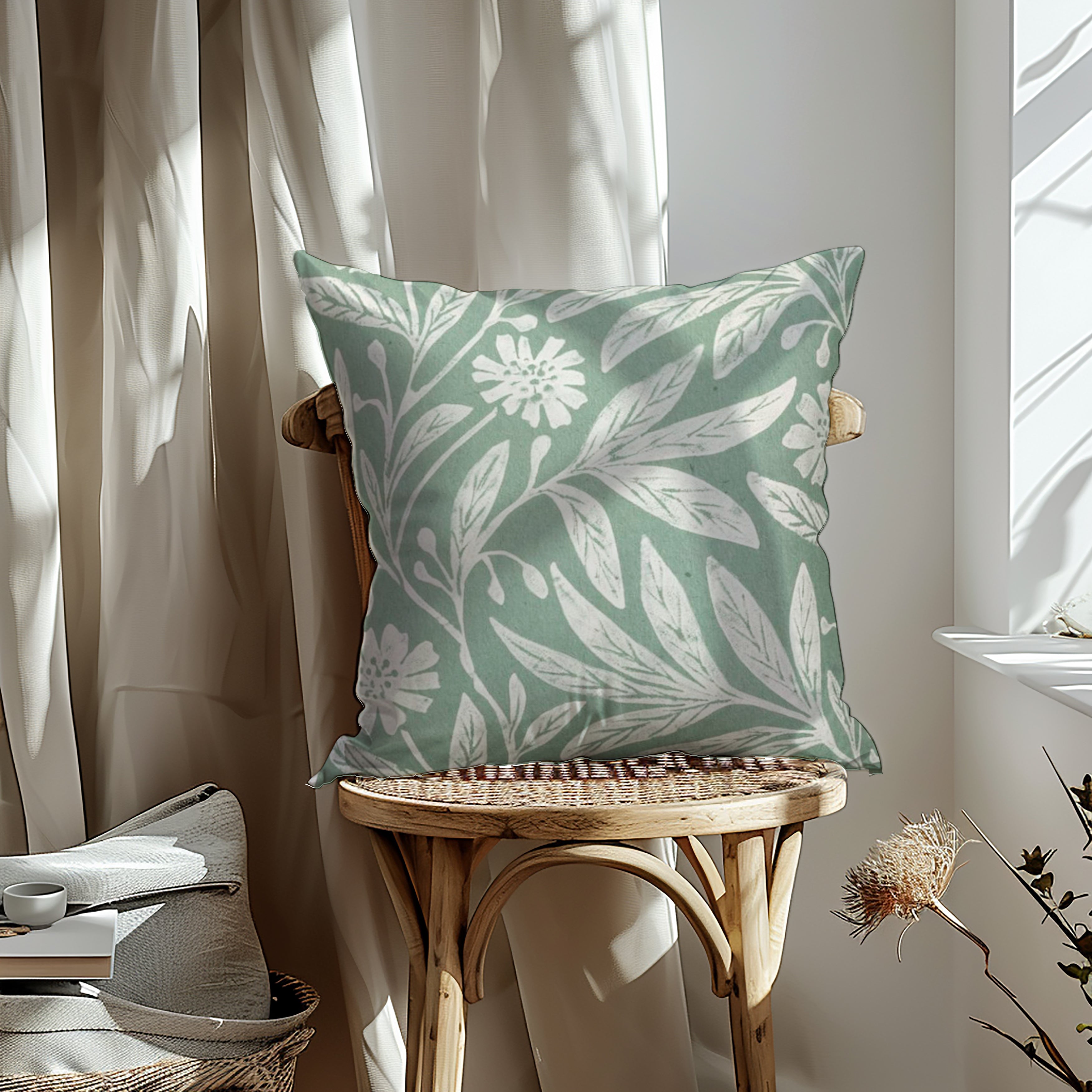 Bloom Bold fabric designed by Roberta from Apostrofo Design, featuring a sage green background with creamy white floral and leaf patterns, ideal for eco-friendly home decor cushions and lampshades.