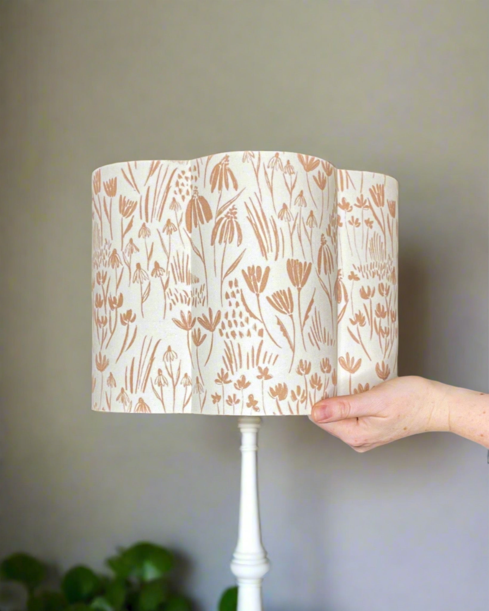 Wildflower Meadow scalloped cylinder lampshade with hand-drawn meadow design in deep earthy pink brushstrokes.