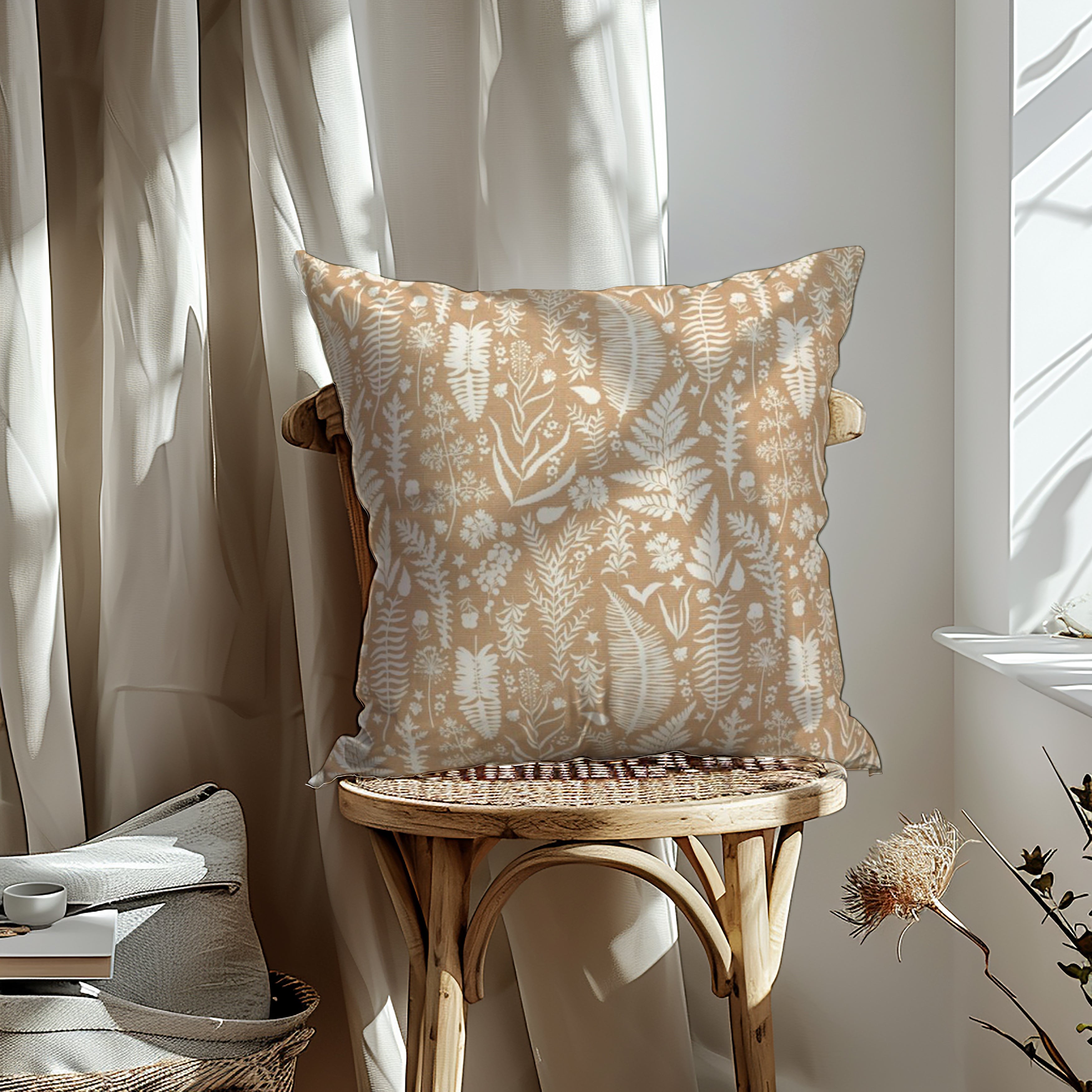 Coppery Ferns fabric designed by Iveta Abolina of One Sweet Orange, featuring intricate fern fronds, wildflowers, and leaves in cream on a copper background, ideal for eco-friendly home decor cushions and lampshades.