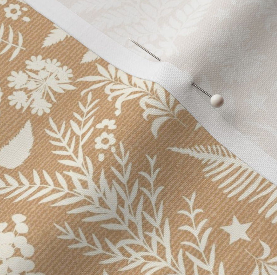 Coppery Ferns Lampshade featuring intricate fern patterns in copper tones on a soft beige background, handmade with cotton poplin fabric.