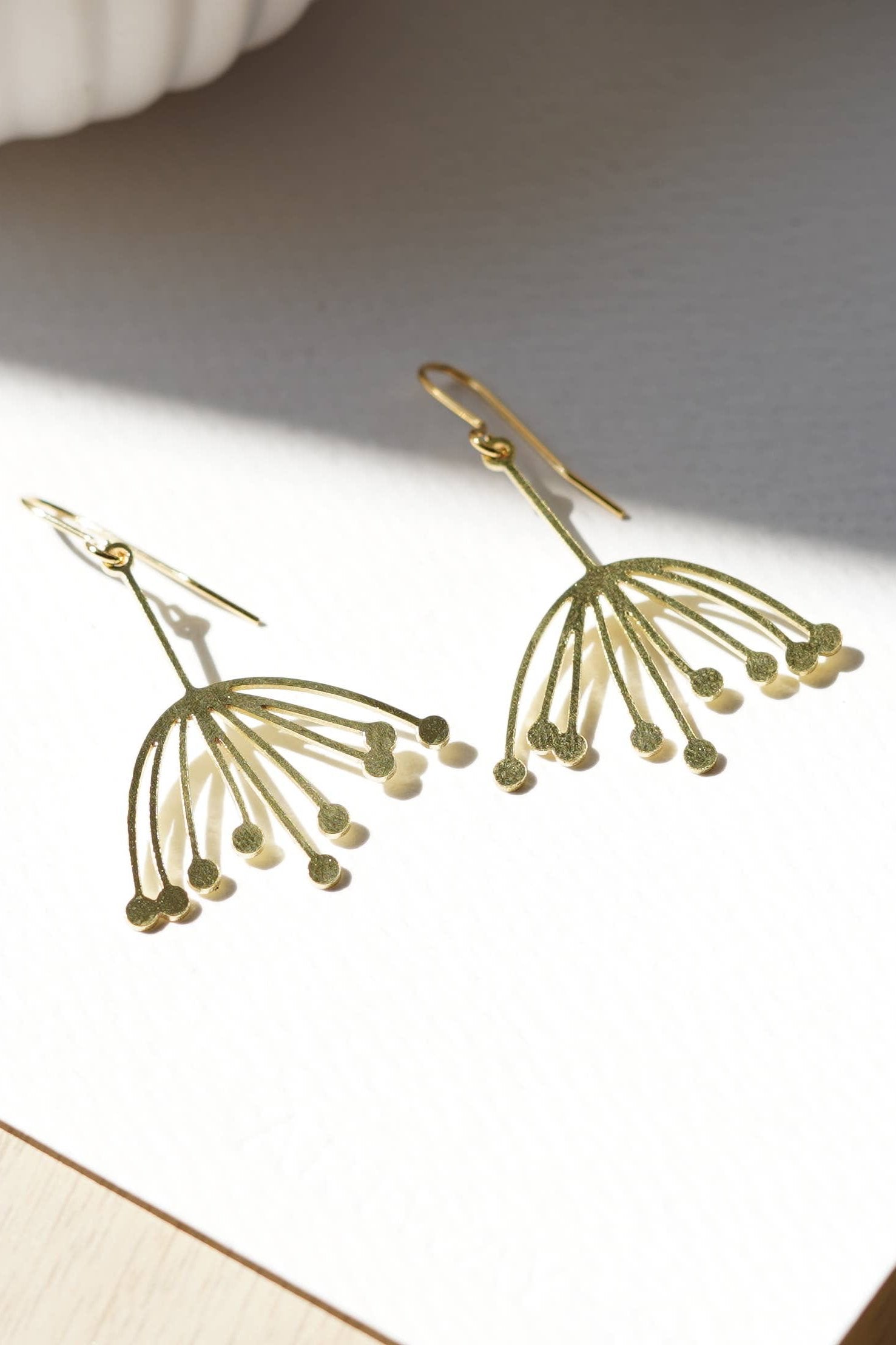 Handcrafted Wild Cow Parsley Earrings for autumn and winter, made in the UK. Laser-cut brass, statement size, nature-inspired design. Gift-ready with a cotton pouch.