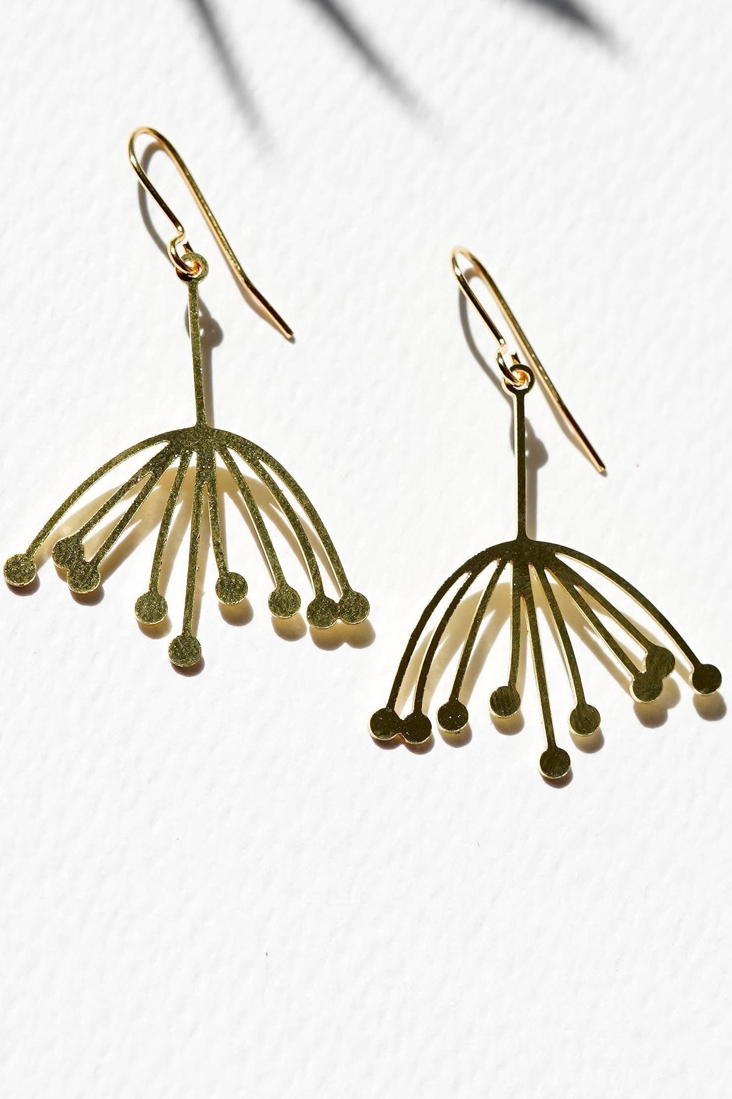 Handcrafted Wild Cow Parsley Earrings for autumn and winter, made in the UK. Laser-cut brass, statement size, nature-inspired design. Gift-ready with a cotton pouch.