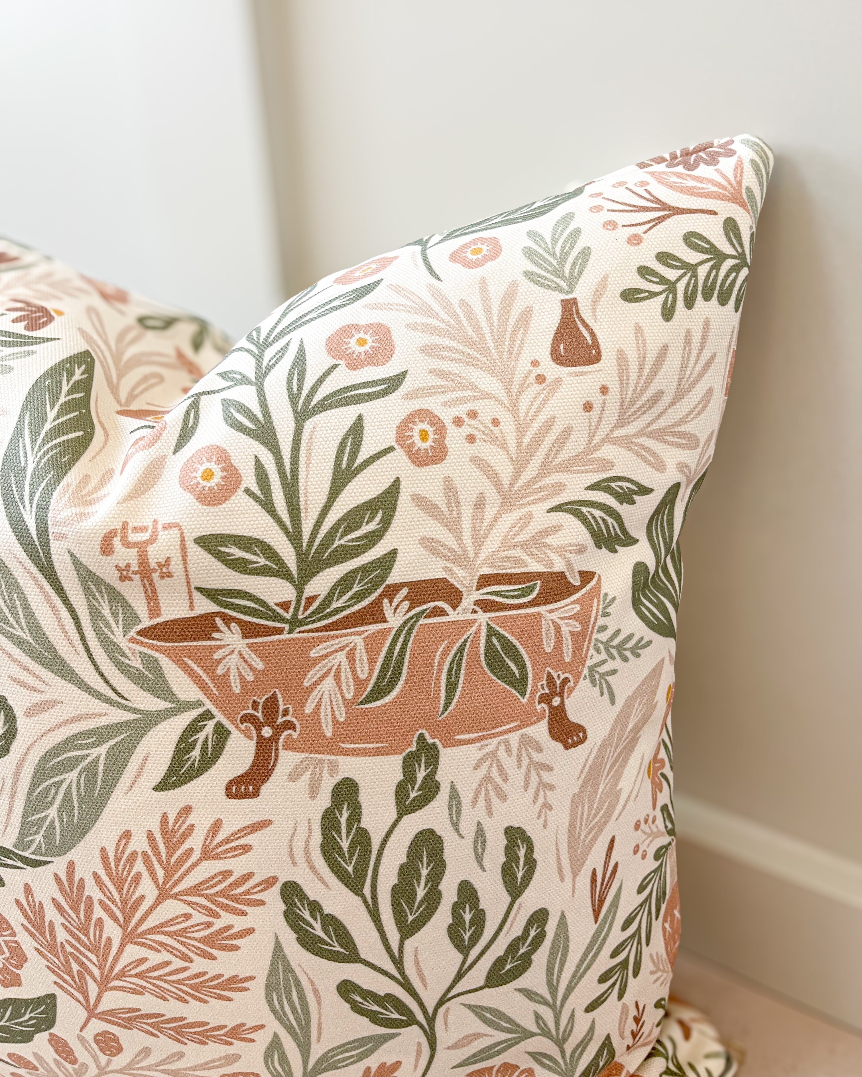 Leafy Cushion ‘Bathtub Botanical’ | Blush & Green Cushion Handmade in Basketweave Cotton