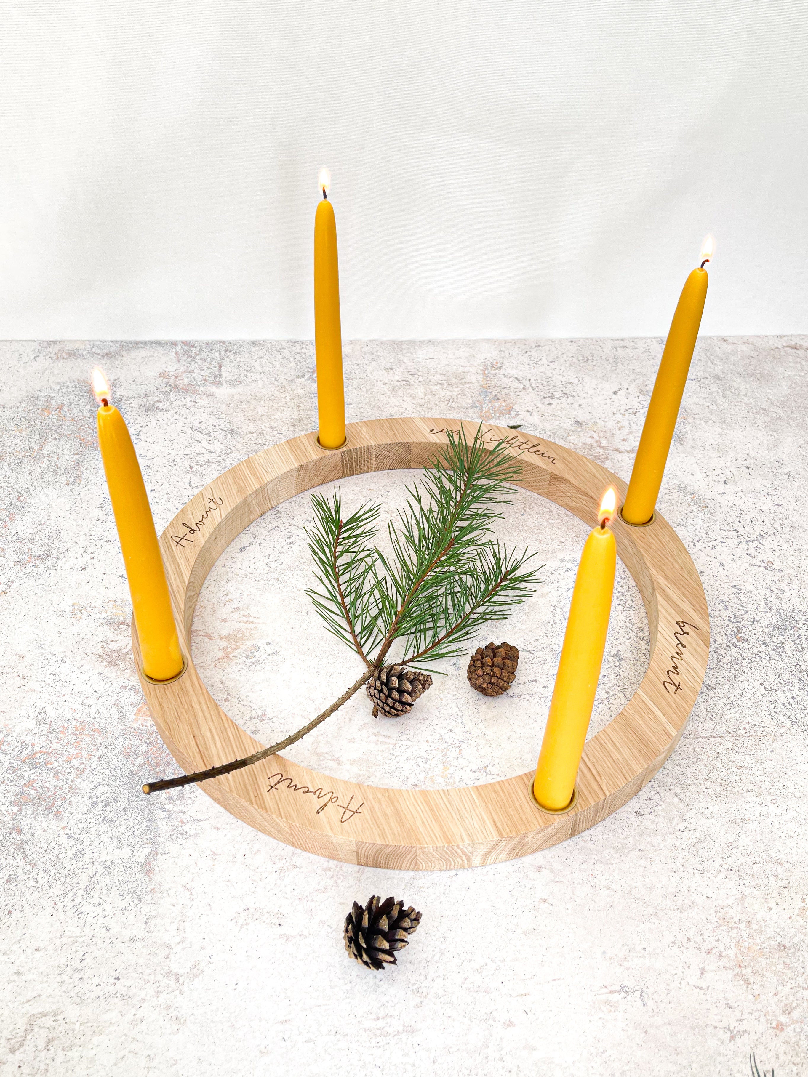 Modern Oak Advent tabletop wreath with 4 natural beeswax candles