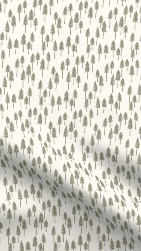 Evergreen fabric designed by Fleur Crawford of Hufton Studio, featuring minimalist evergreen tree patterns in olive green on a cream background, ideal for eco-friendly home decor cushions and lampshades.