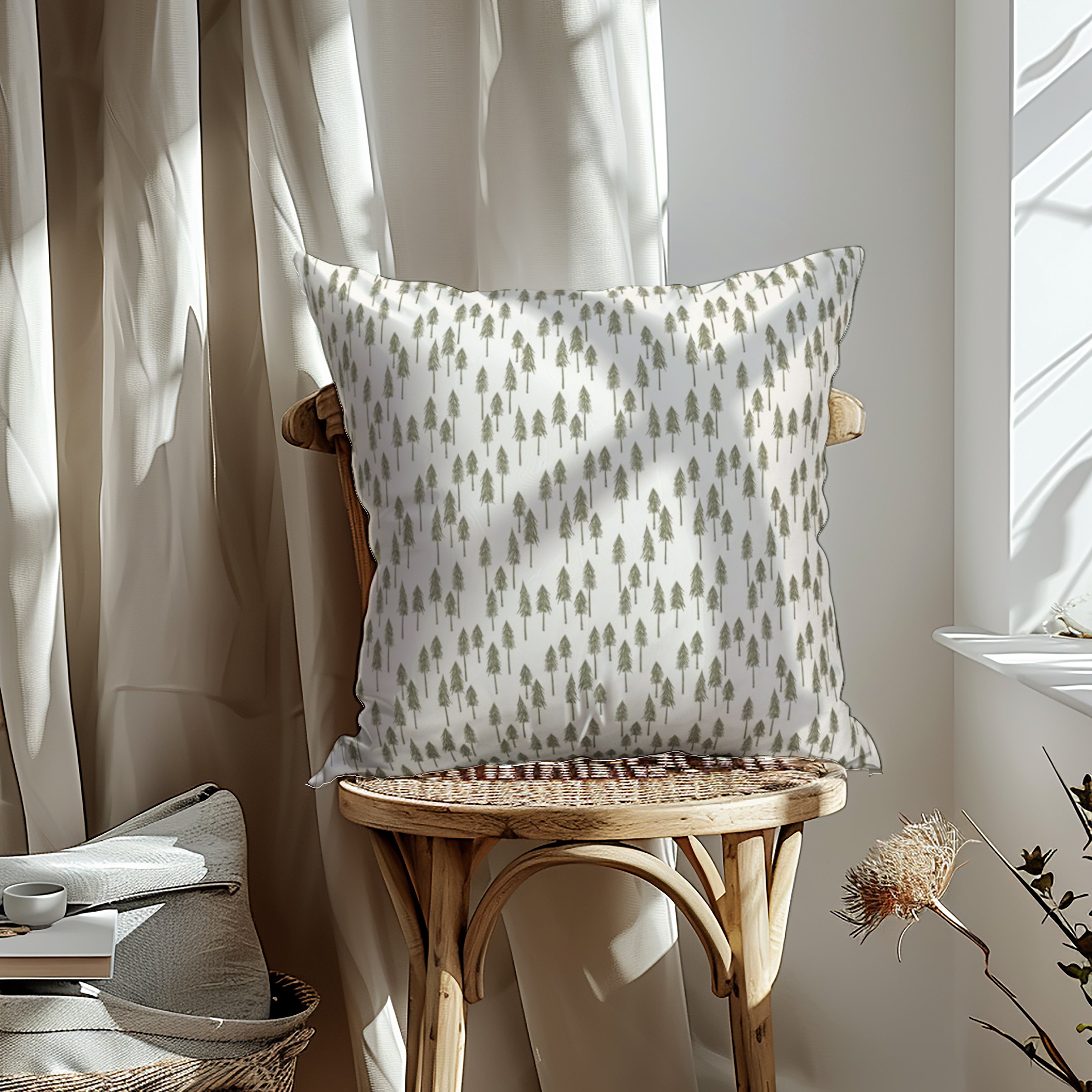 Evergreen fabric designed by Fleur Crawford of Hufton Studio, featuring minimalist evergreen tree patterns in olive green on a cream background, ideal for eco-friendly home decor cushions and lampshades.