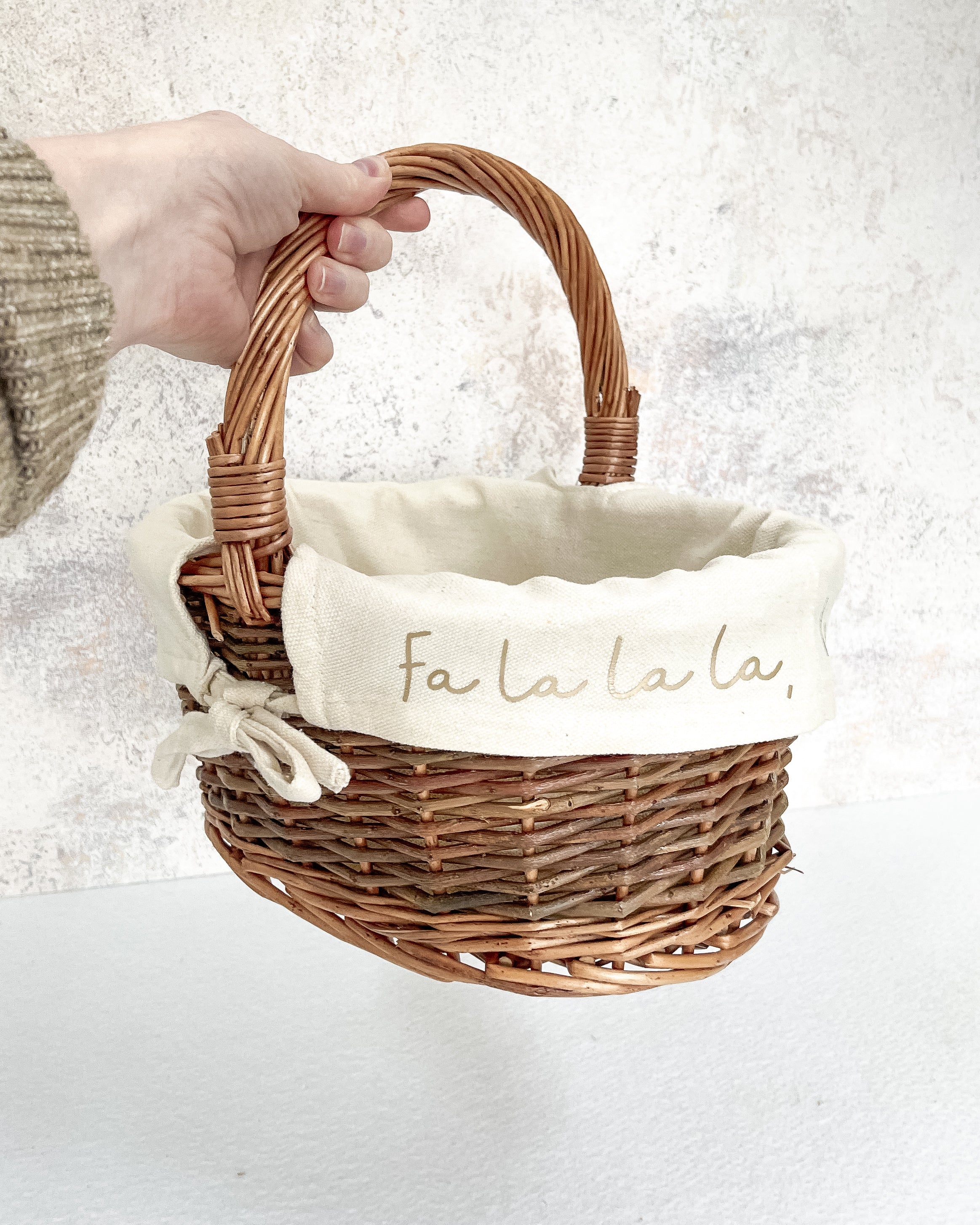 Festive personalised small gift basket ideal for gift-giving and rustic interior styling.