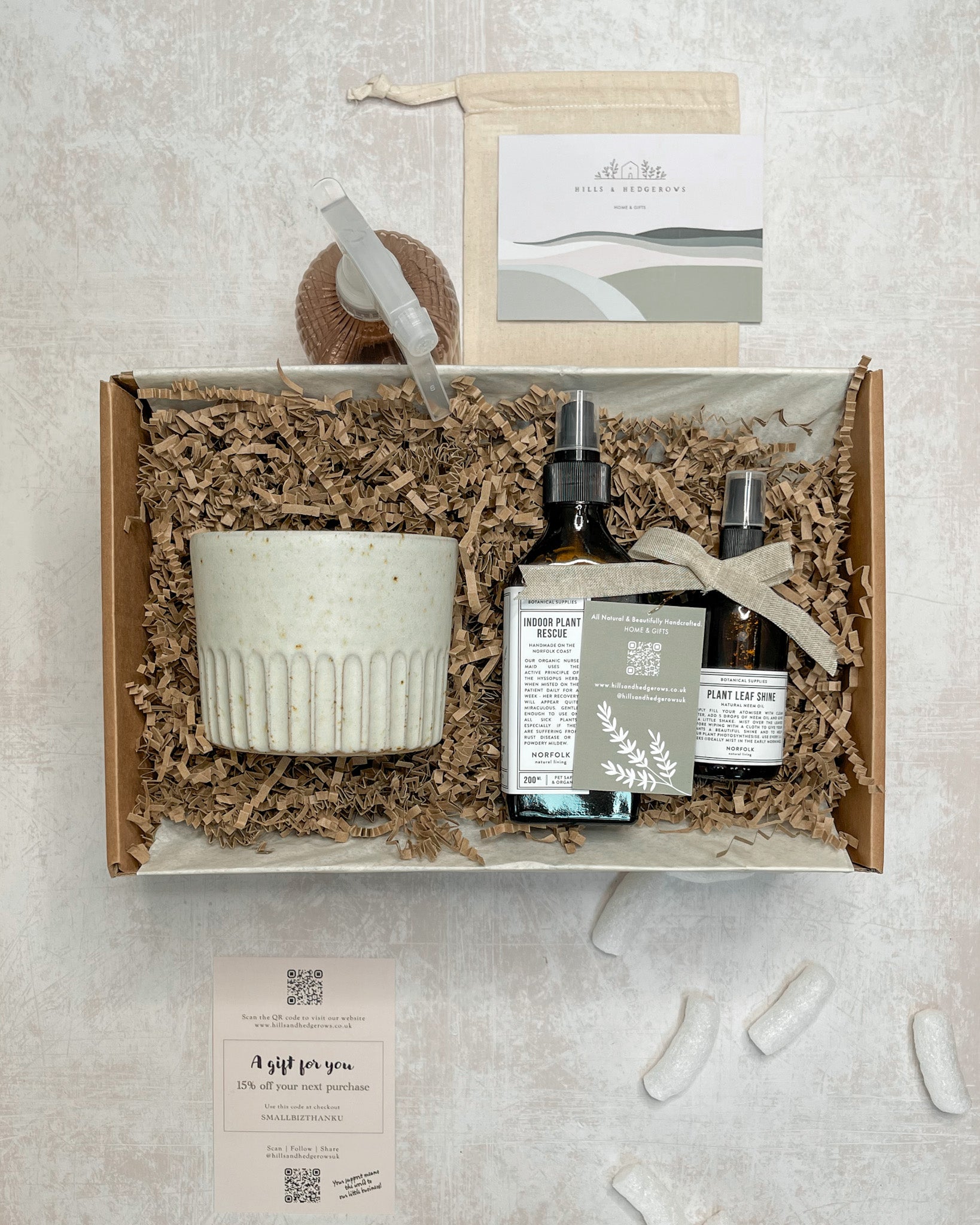 Gift set featuring a hand-thrown carved speckled clay plant pot, Norfolk Natural Living plant rescue, Norfolk Natural Living leaf shine, and a mister bottle.