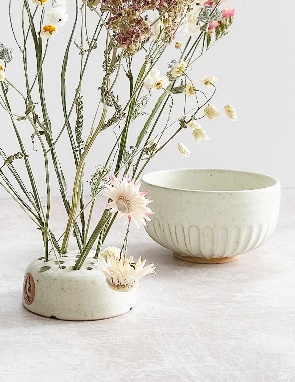 Unique ceramic flower vase and stem holder with ikebana bowl