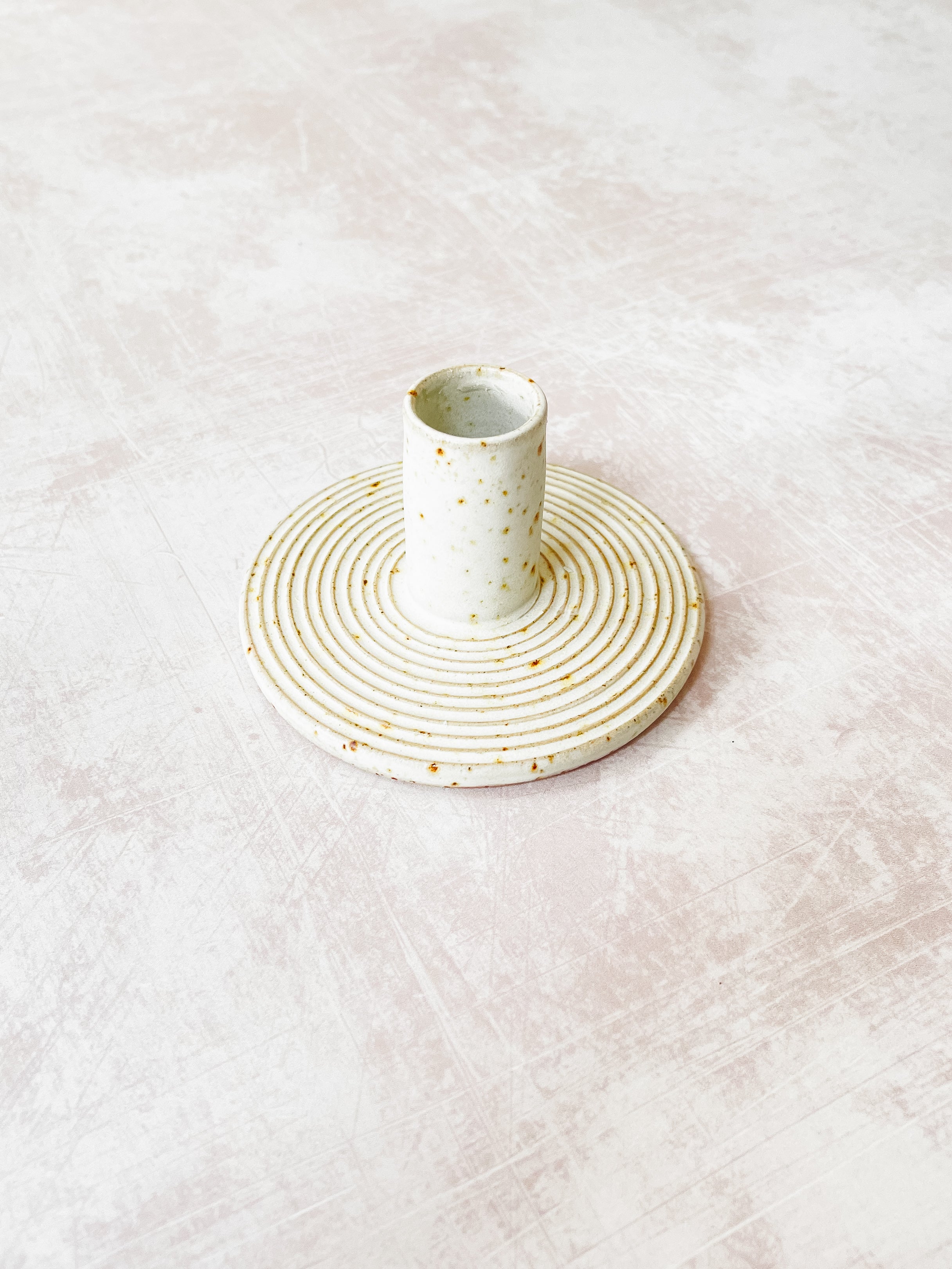 Hand-thrown Bel Holland Ripples Candlestick Holders Set in speckle clay with off-white matt glaze.