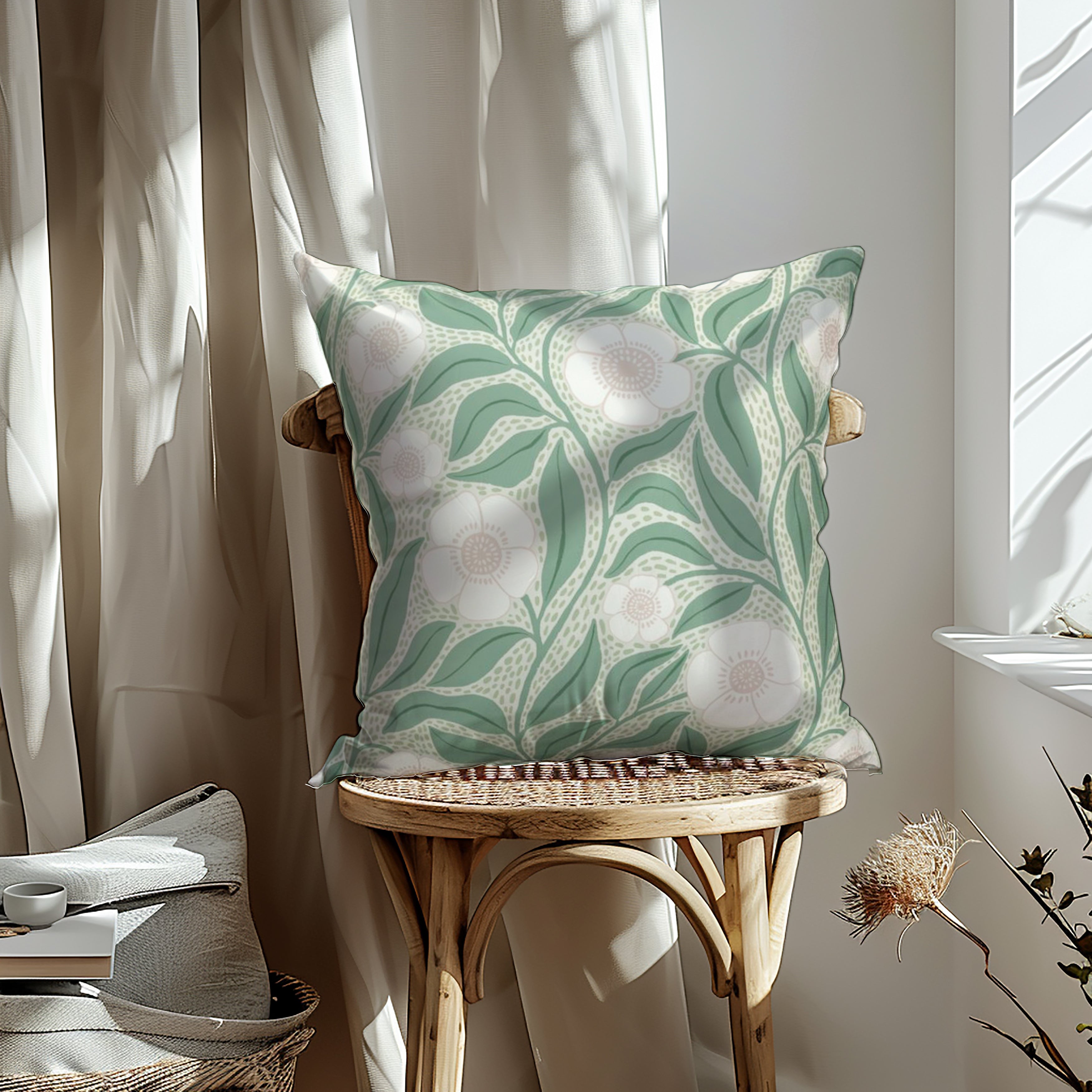 Summer's Breeze fabric designed by Helen Bowler, featuring soft cream blossoms with blush centers and flowing green leaves on a detailed background, ideal for eco-friendly home decor cushions and lampshades.