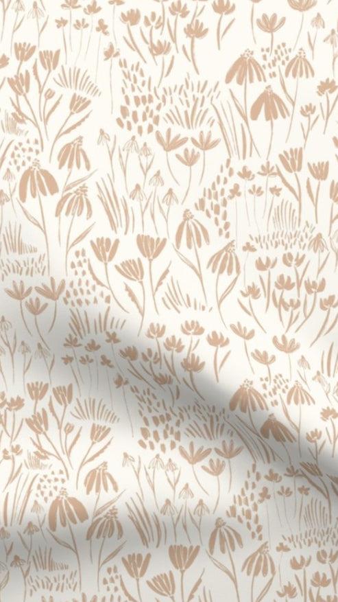 Wildflower Meadow - Neutral Tone fabric designed by Fleur Crawford of Hufton Studio, featuring taupe wildflowers on an off-white background, ideal for eco-friendly home decor cushions and lampshades