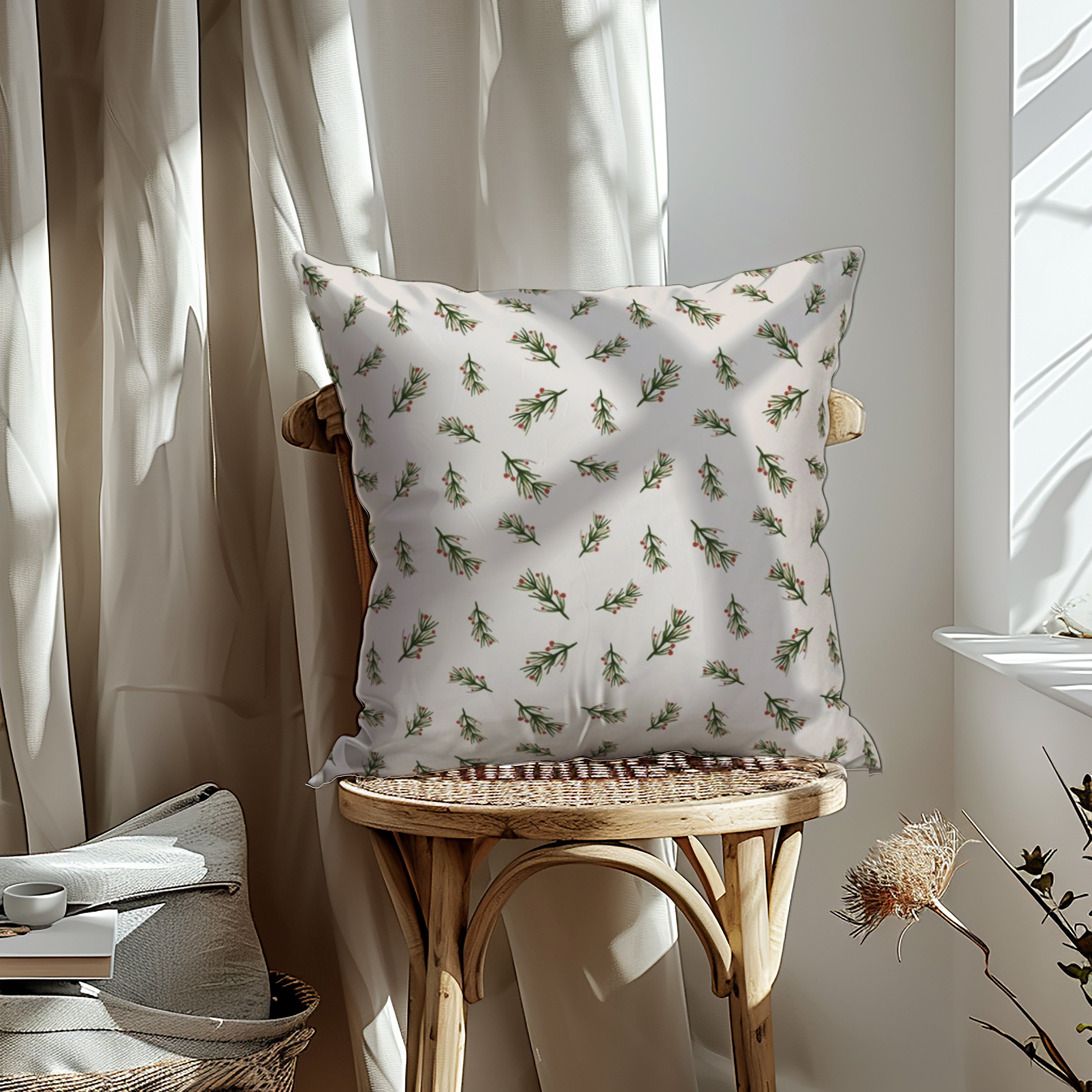 Winter Greenery fabric designed by Prue Melanie, featuring pine-like sprigs with red berries on a cream background, ideal for eco-friendly home decor cushions and lampshades