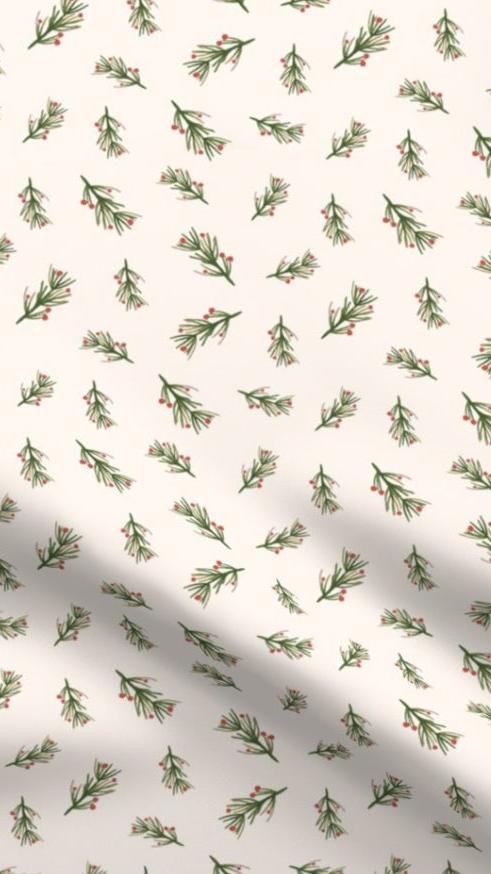 Winter Greenery fabric designed by Prue Melanie, featuring pine-like sprigs with red berries on a cream background, ideal for eco-friendly home decor cushions and lampshades