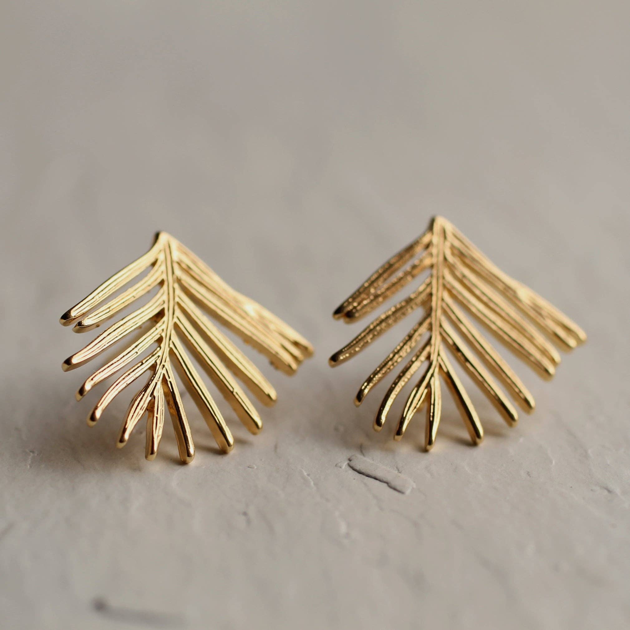 Handmade Evergreen Leaf Stud Earrings | Gold Plated Fir | Textured Finish